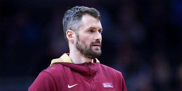 Cleveland Cavaliers number 0 Kevin Love crosses the court during halftime against the Indiana Pacers at Gainbridge Fieldhouse on February 5, 2023 in Indianapolis, Indiana. 