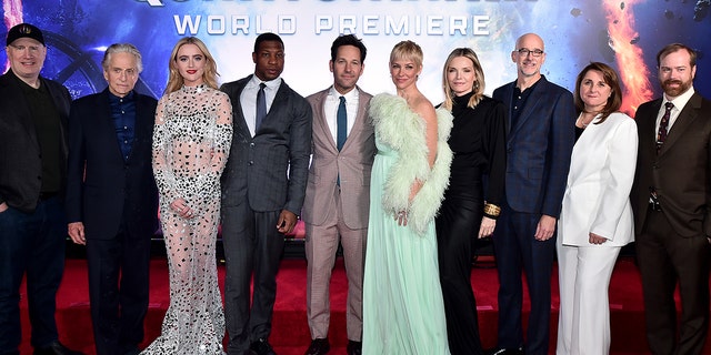 (L-R) Producer and Marvel Studios President and Marvel CCO Kevin Feige, Michael Douglas, Kathryn Newton, Jonathan Majors, Paul Rudd, Evangeline Lilly, Michelle Pfeiffer, Director Peyton Reed, Executive Producer and Executive VP of Production Marvel Studios Victoria Alonso, and Producer Stephen Broussard attend the Ant-Man and The Wasp Quantumania world premiere at Regency Village Theatre in Westwood, California on February 06, 2023. 