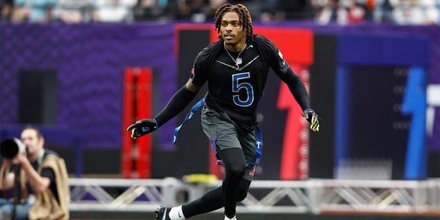 NFC cornerback Jalen Ramsey of the Los Angles Rams defends during the Pro Bowl Games at Allegiant Stadium on Feb. 5, 2023, in Las Vegas.