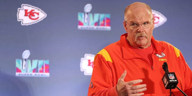 Head coach Andy Reid of the Kansas City Chiefs speaks to the media during the Kansas City Chiefs' media availability prior to Super Bowl LVII at the Hyatt Regency Gainey Ranch Feb. 7, 2023, in Scottsdale, Ariz. 