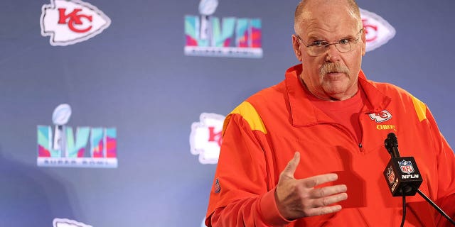 Head coach Andy Reid of the Kansas City Chiefs speaks to the media during the Kansas City Chiefs' media availability prior to Super Bowl LVII at the Hyatt Regency Gainey Ranch Feb. 7, 2023, in Scottsdale, Ariz.