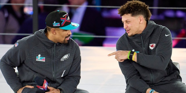 Quarterbacks Jalen Hurts, left, and Patrick Mahomes will go up against each other during Super Bowl LVII.