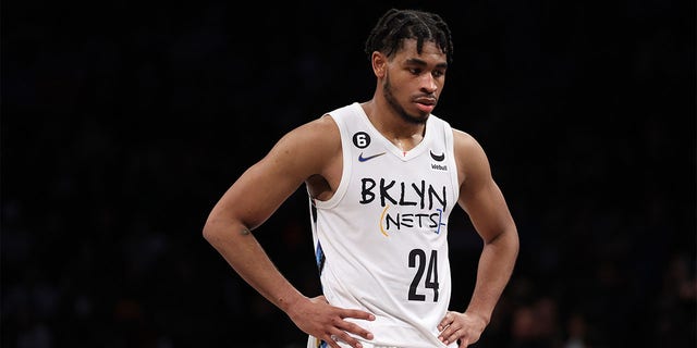 Cam Thomas, #24 of the Brooklyn Nets looks on during their game against the Phoenix Suns at Barclays Center on February 7, 2023 in New York City.    