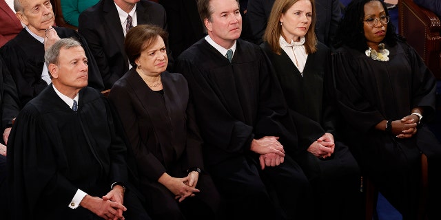 Chief Justice John Roberts and current associate justices Elena Kagan, Brett Kavanaugh, Amy Coney Barrett and Ketanji Brown Jackson listen to U.S. President Joe Biden's State of the Union address at the U.S. Capitol on February 07, 2023, in Washington, DC.