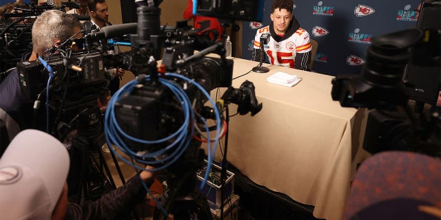 Patrick Mahomes of the Kansas City Chiefs speaks to the media prior to Super Bowl LVII at the Hyatt Regency Gainey Ranch on Feb. 9, 2023, in Scottsdale, Arizona.