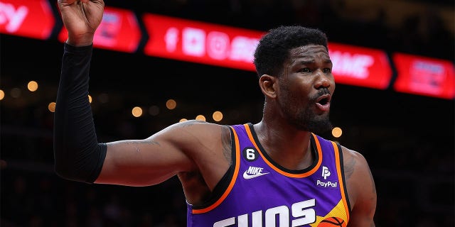 Deandre Ayton, #22 of the Phoenix Suns, reacts against the Atlanta Hawks during the first quarter at State Farm Arena on Feb. 9, 2023 in Atlanta.