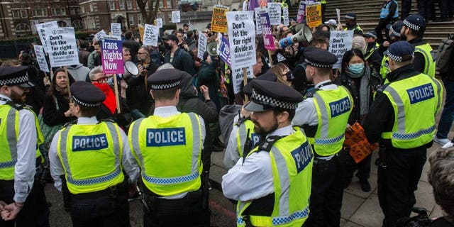 Counter protestors assemble to confront the right wing Patriotic Alternative group and other far right protestors at Tate Britain on Feb. 11, 2023 in London.