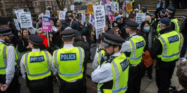 Counter protestors assemble to confront the right wing Patriotic Alternative group and other far right protestors at Tate Britain on Feb. 11, 2023 in London.