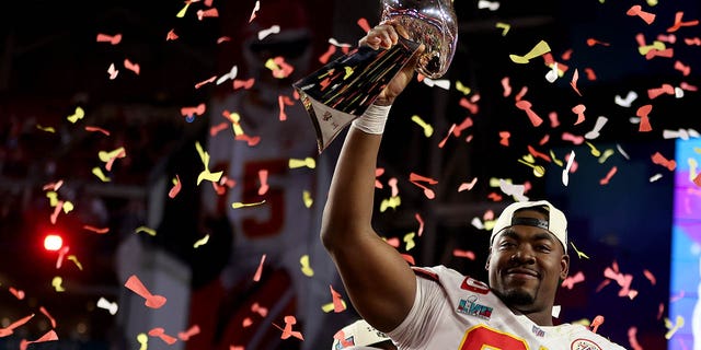 Chris Jones of the Chiefs celebrates with the Vince Lombardi Trophy after defeating the Eagles in Super Bowl LVII on Feb. 12, 2023.