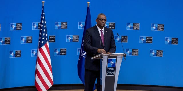 Secretary of Defense Lloyd J. Austin III holds a closing press conference during the second of two days of defense ministers' meetings at NATO headquarters on Feb. 15, 2023, in Brussels, Belgium.
