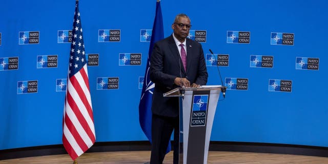 Secretary of Defense Lloyd J. Austin III holds a closing press conference during the second of two days of defense ministers' meetings at NATO headquarters on Feb. 15, 2023, in Brussels, Belgium.