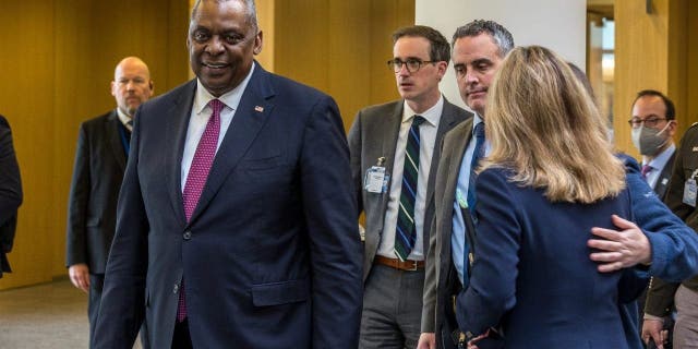 Secretary of Defense Lloyd J. Austin III is seen leaving NATO headquarters at the end of the second of two days of defence ministers' meetings on Feb. 15, 2023, in Brussels, Belgium.