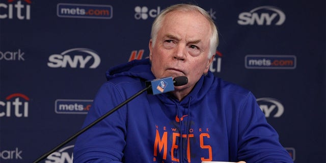 New York Mets manager Buck Showalter talks to the press during a spring training workout on Feb. 14, 2023, in Port St. Lucie, Florida.