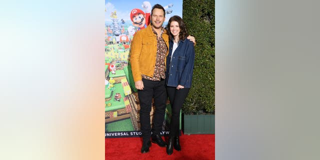Chris Pratt and Katherine Schwarzenegger attend the "Super Nintendo World" welcome celebration at Universal Studios Hollywood on Feb. 15, 2023. Pratt will be voicing Mario in the upcoming adaptation of the video game.