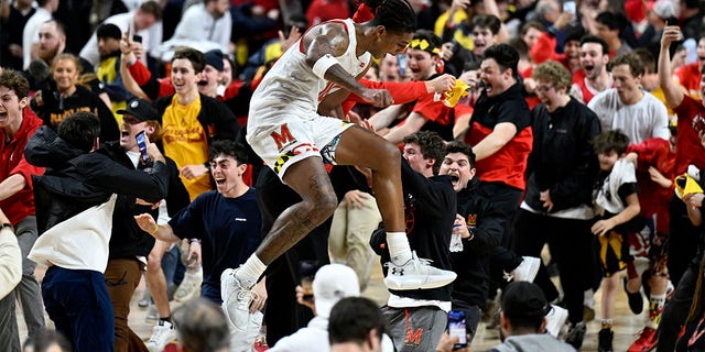 Julian Reese of the Terrapins celebrates after a 68-54 victory against the Purdue Boilermakers on February 16, 2023 in College Park, Maryland.
