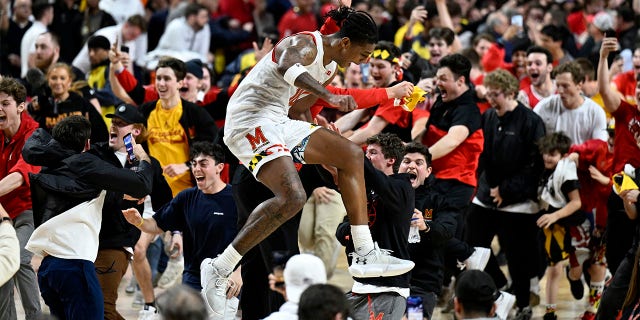 Julian Reese of the Terrapins celebrates after a 68-54 victory against the Purdue Boilermakers on February 16, 2023 in College Park, Maryland.