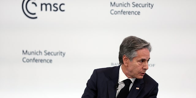 Secretary of State Antony Blinken speaks at the 2023 Munich Security Conference on Feb. 18, 2023, in Munich, Germany. On the sidelines, he reportedly confronted Chinese diplomat Wang Yi on the spy craft controversy. 