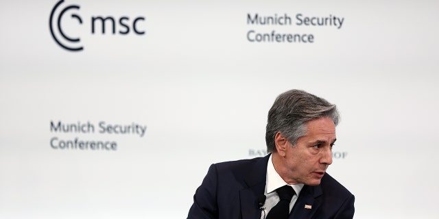 Secretary of State Antony Blinken speaks at the 2023 Munich Security Conference on Feb. 18, 2023, in Munich, Germany. On the sidelines, he reportedly confronted Chinese diplomat Wang Yi on the spy craft controversy.