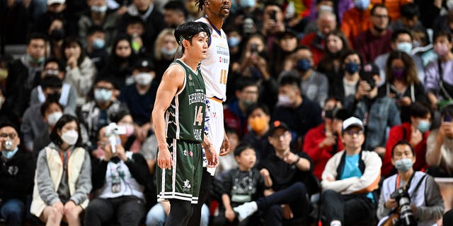 Center Dwight Howard of the Taoyuan Leopards was among 12 players ejected during the game against the TaiwanBeer HeroBears on Feb. 19, 2023, in Taipei, Taiwan.