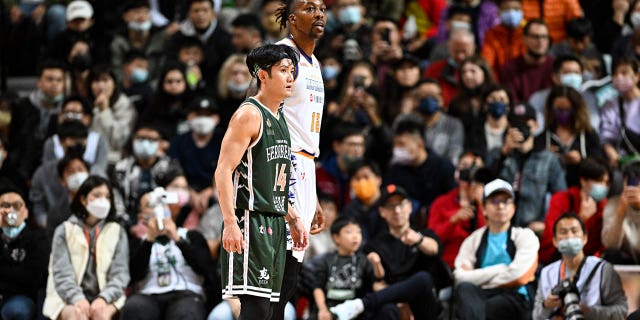 Center Dwight Howard of the Taoyuan Leopards was among 12 players ejected during the game against the TaiwanBeer HeroBears on Feb. 19, 2023, in Taipei, Taiwan.