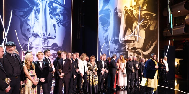 A general view of the stage and winners during the EE BAFTA Film Awards 2023 at The Royal Festival Hall on February 19, 2023 in London, England.