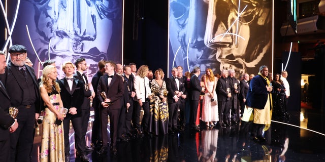 A general view of the stage and winners during the EE BAFTA Film Awards 2023 at The Royal Festival Hall on February 19, 2023 in London, England.