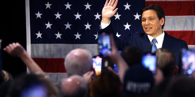 NEW YORK, NEW YORK - FEBRUARY 20: Florida Gov. Ron DeSantis waves at Prive catering hall on February 20, 2023 in the Staten Island borough of New York City. 