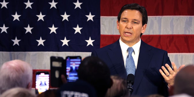 Florida Gov. Ron DeSantis speaks to police officers about protecting law and order at Prive catering hall on February 20, 2023 in the Staten Island borough of New York City.  
