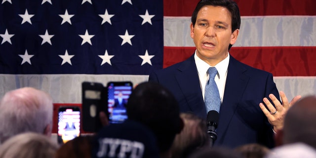 Florida Gov. Ron DeSantis speaks to police officers about protecting law and order at Prive catering hall on Feb. 20, 2023, in the New York City borough of Staten Island.