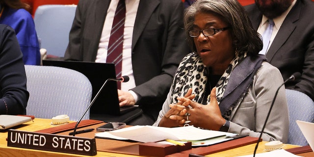 U.S. Representative to the United Nations Ambassador Linda Thomas-Greenfield speaks during a UN Security Council meeting on February 20, 2023, in New York City. 