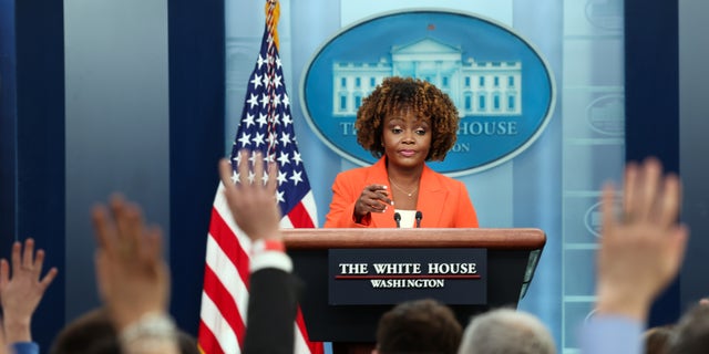 White House Press Secretary Karine Jean-Pierre speaks during a press briefing at the White House on February 23, 2023 in Washington, DC. 