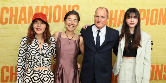 Woody Harrelson made a rare red carpet appearance with his family at the premiere of his new movie, "Champions."