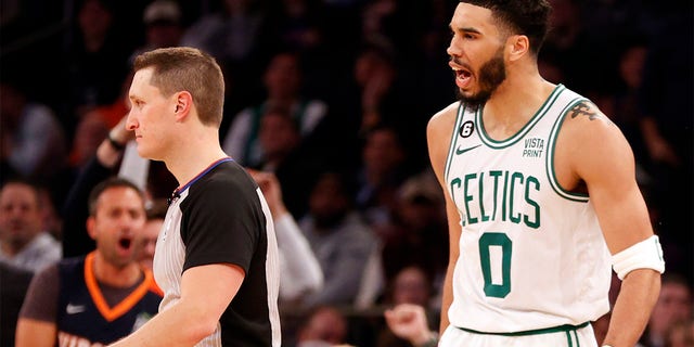 Jayson Tatum of the Boston Celtics reacts after being ejected from the game at Madison Square Garden on February 27, 2023.