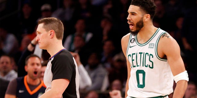 Jayson Tatum of the Boston Celtics reacts after being ejected from the game at Madison Square Garden on February 27, 2023.