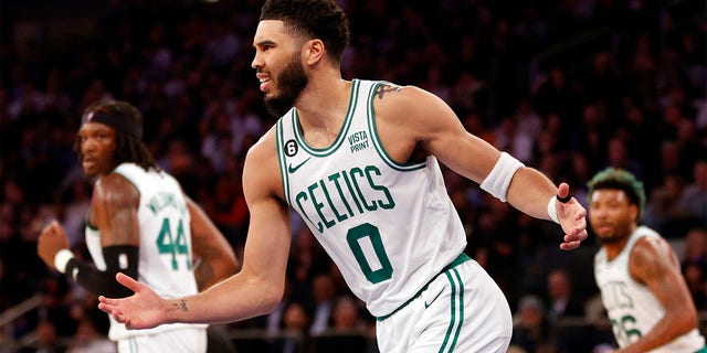 Jayson Tatum of the Boston Celtics reacts during the Knicks game at Madison Square Garden on Feb. 27, 2023, in New York City.