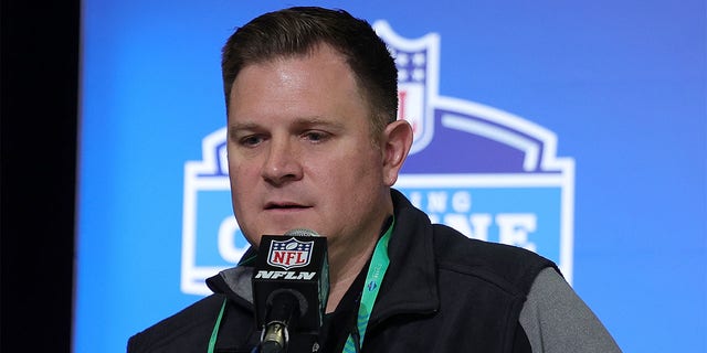 Green Bay Packers general manager Brian Gutekunst speaks to reporters during the NFL Combine tournament at the Indiana Convention Center February 21.  October 28, 2023 in Indianapolis.