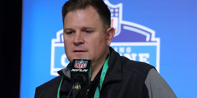 General manager Brian Gutekunst of the Green Bay Packers speaks to the media during the NFL Combine at the Indiana Convention Center on Feb. 28, 2023, in Indianapolis.