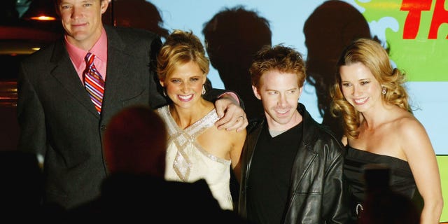 Matthew Lillard, Sarah Michelle Gellar, Seth Green and Linda Cardellini arrive at the UK premiere of "Scooby-Doo 2: Monsters Unleashed" at Vue Islington on March 26, 2004 in London.