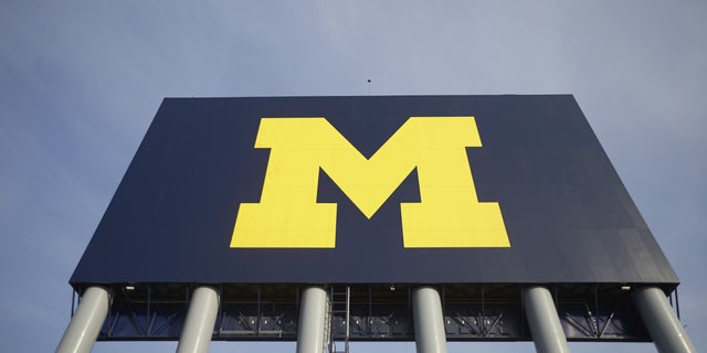 View of Michigan logo on wall before game vs Ohio State at Michigan Stadium. 