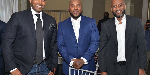 Michael Gidewon, rapper Young Jeezy and Alex Gidewon attend the 10-Year Anniversary Celebration Dinner With Jeezy And The Street Dreams Foundation at 103 West on July 24, 2015, in Atlanta, Georgia.