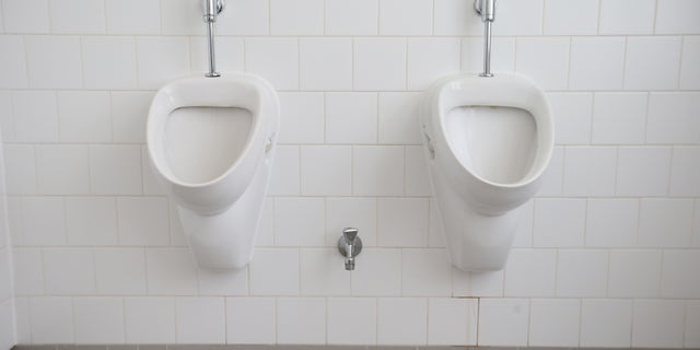 Urinals hang on a wall in a newly-inaugurated gender-free bathroom in Berlin, Germany.