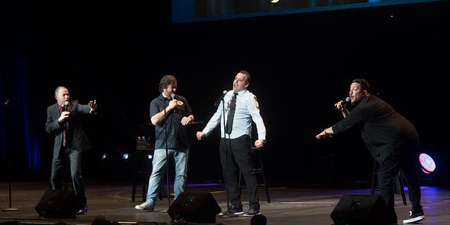 (L-R) James Murray, Brian Quinn, Joseph Gatto and Salvatore Vulcano of The Tenderloins perform during the truTV Impractical Jokers 'Where's Larry?' Tour at Radio City Music Hall on January 30, 2016 in New York City.
