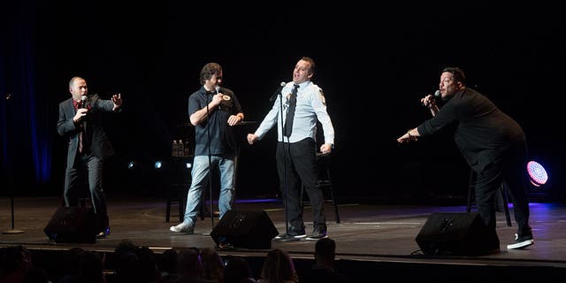 (L-R) James Murray, Brian Quinn, Joseph Gatto and Salvatore Vulcano of The Tenderloins perform during the truTV Impractical Jokers 'Where's Larry?' Tour at Radio City Music Hall on January 30, 2016 in New York City.