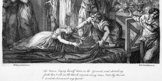 The execution of Mary, Queen of Scots (1542-1587) on Feb. 8, 1857. She was heard to repeat, "Into thy Hands O Lord, do I commit my Spirit" many times as she went to her death. Mary had ascended to the Scottish throne when she was six days old. She was convicted of plotting to overthrow Queen Elizabeth I. 