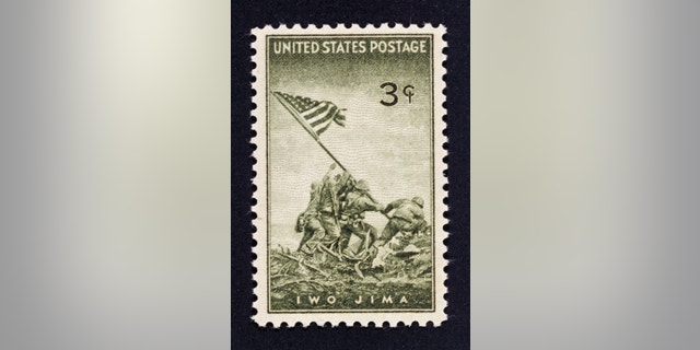 Postage stamp honoring the conquest of the Iwo Jima island, 1945, depicting Marines raising the flag of the United States (reproduction photo by Joe Rosenthal). United States of America, 20th century. 