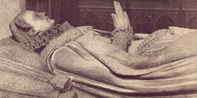 Effigy of Mary Queen of Scots (1542-1587) on her tomb. Queen regnant of Scotland (1542-1567) and queen consort of France (1559-1560). 