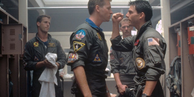 American actors Val Kilmer and Tom Cruise on the set of "Top Gun."