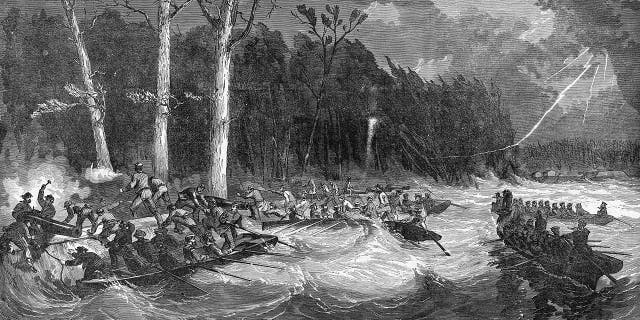 Col. G.W. Roberts leads 40 men of the 42nd Illinois Infantry Regiment on a raid against six Confederate cannons of Battery No. 1 near Island No. 10 in the Mississippi River near New Madrid, Missouri. In the foreground (left), Union soldiers are spiking a Confederate cannon, April 1, 1862. Zipper inventor Whitcomb Judson later served in the same Illinois unit.