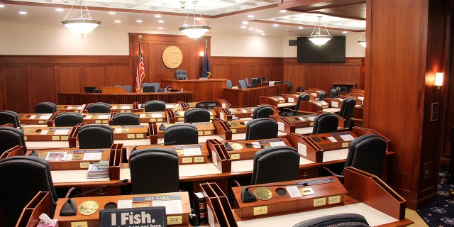 Alaska State Capitol Building, Juneau, interior legislature room. 