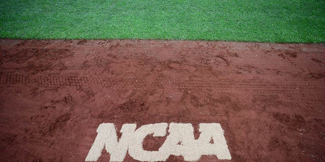 The NCAA logo on the field at TD Ameritrade Park in Omaha, Nebraska.